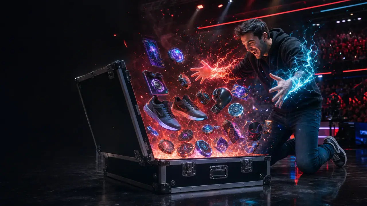 A man in a hoodie opens a modern equipment road case filled with sneakers, gloves, cards, and tokens in a televised arena