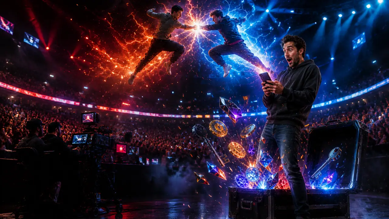 A man in a hoodie checks his phone beside an open equipment case as two powered fighters clash above the arena
