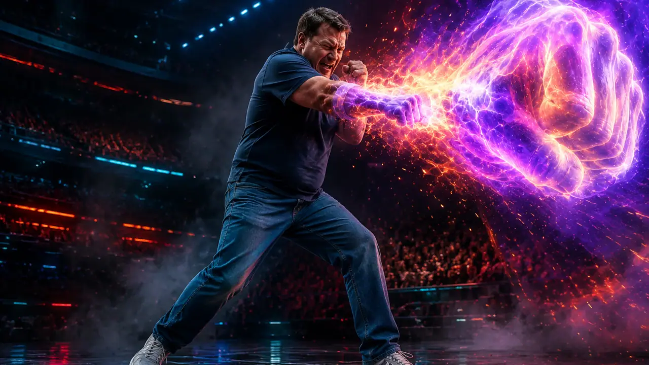 A man in a T-shirt and jeans throws a punch amplified by a giant glowing fist in a televised arena