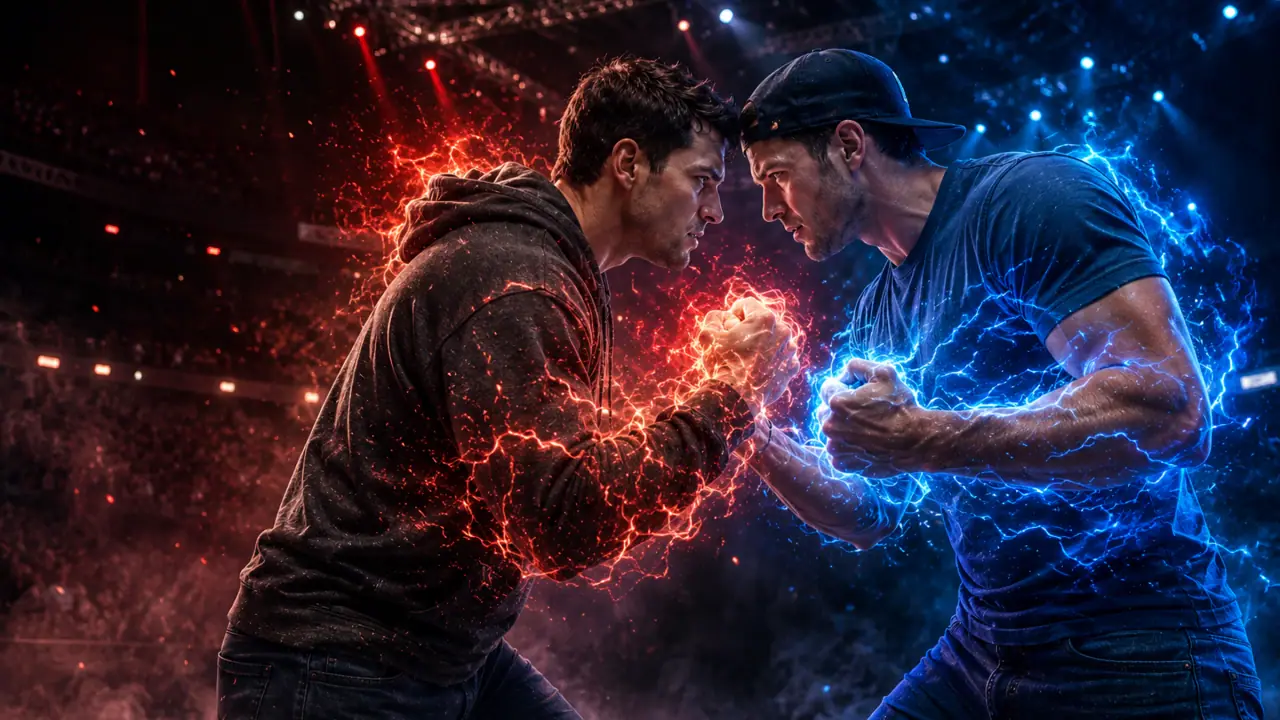 Two men in casual clothes clasp hands and face off with red and blue energy in a televised arena