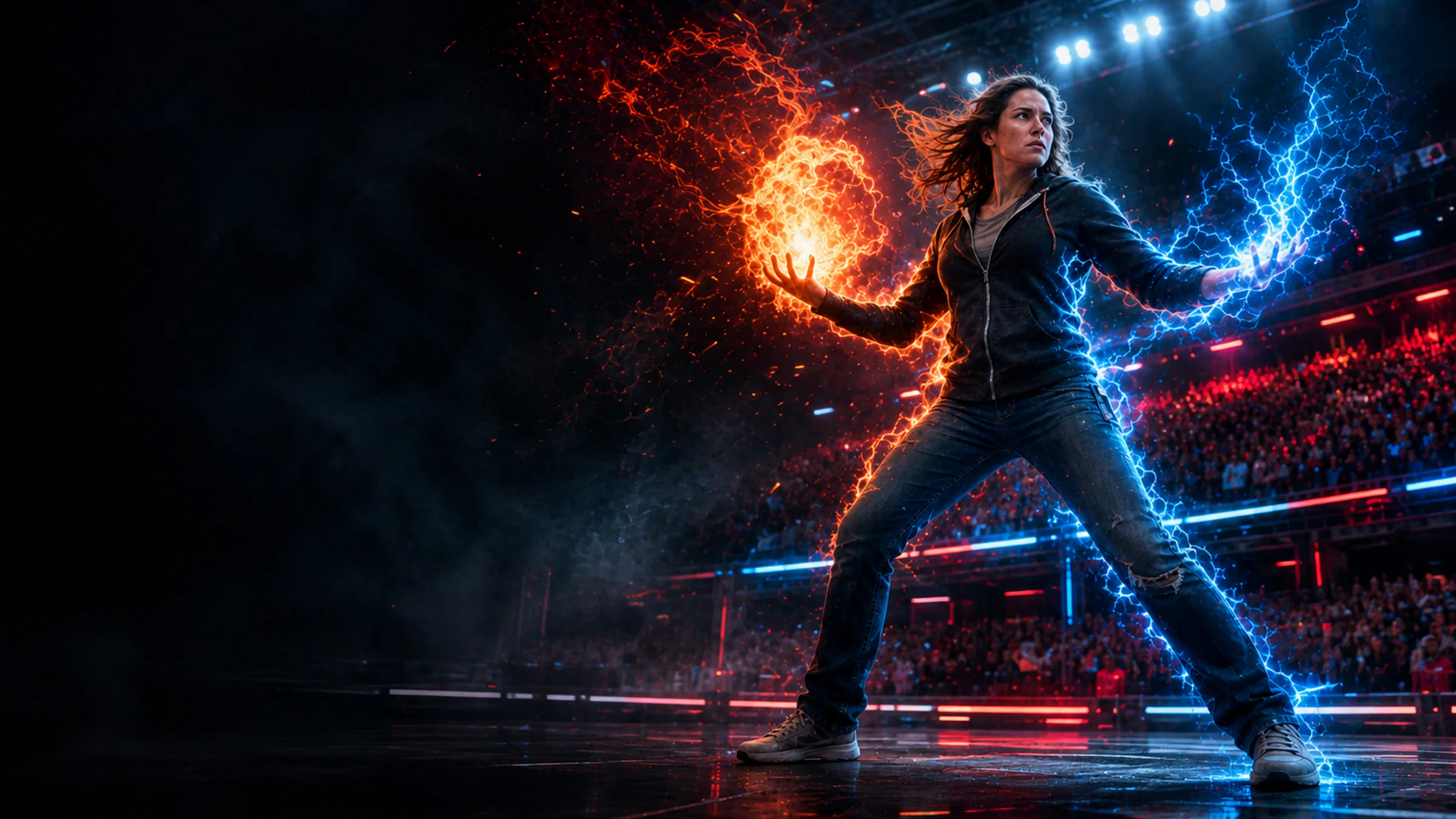 A woman in a hoodie and jeans powers up with orange and blue energy in a televised arena