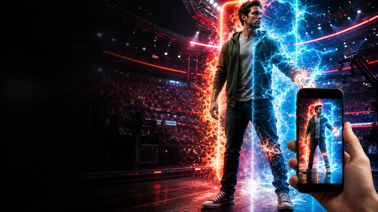 A man in a hoodie powers up as someone photographs him on a phone in a televised arena