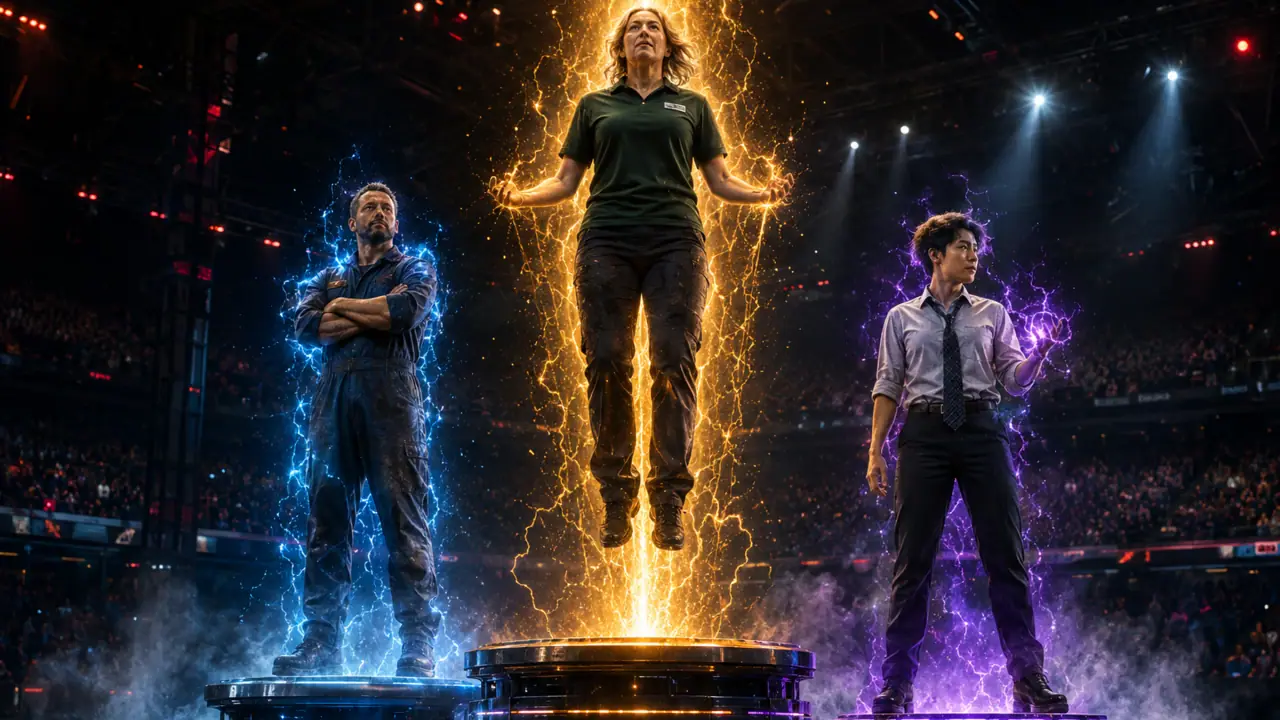 Three adults in work clothes stand on glowing winner platforms, with the top-ranked woman lifted in gold light