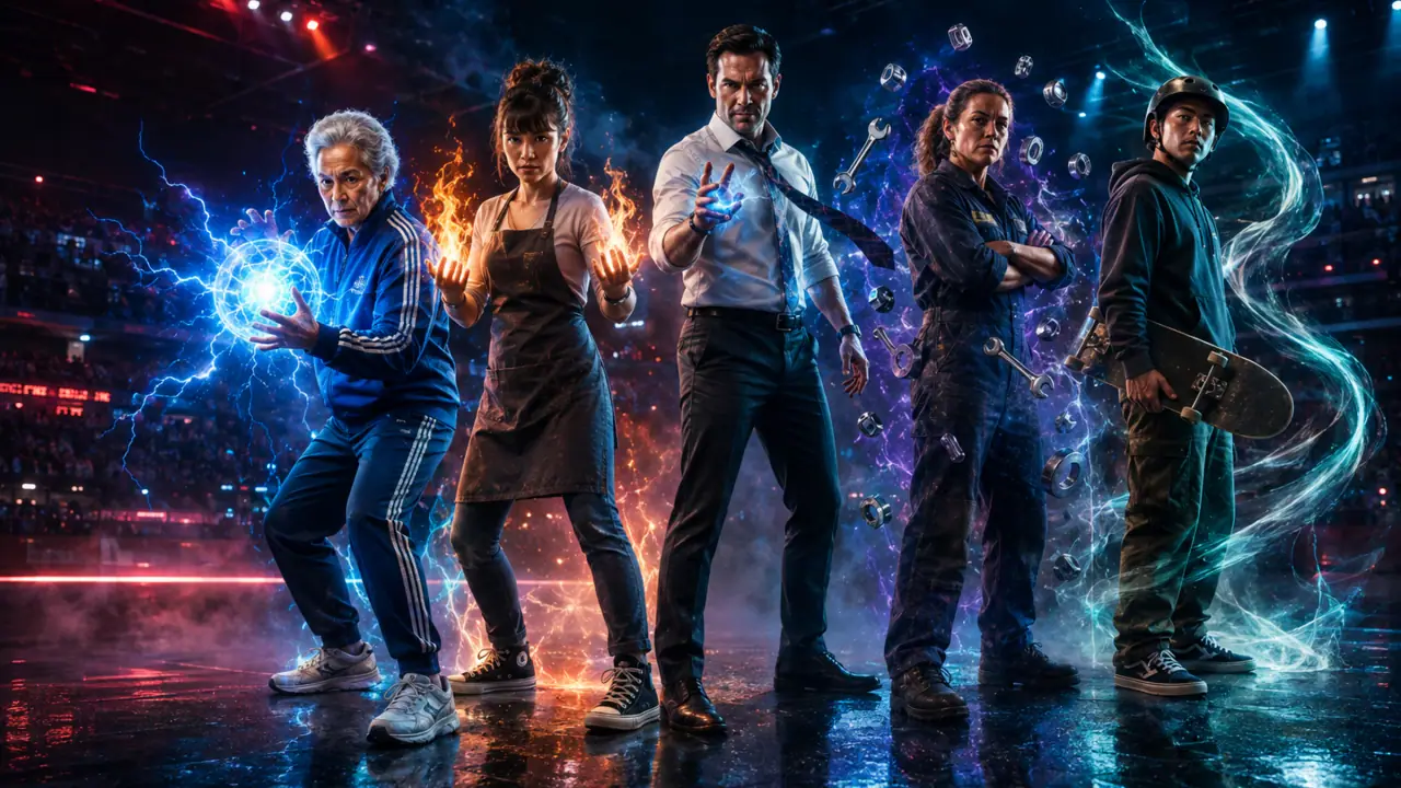 Five adults in everyday work and street clothes power up together in a televised arena