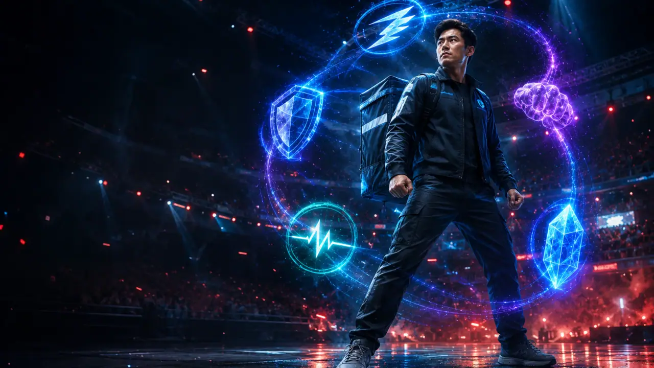 A delivery worker stands in a televised arena surrounded by five glowing ability symbols