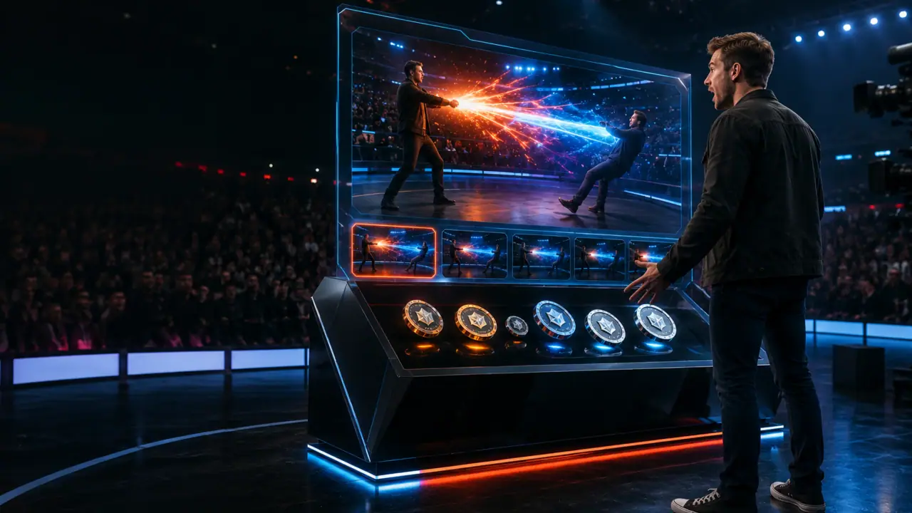A man reviews battle clips and token options at a modern arena kiosk