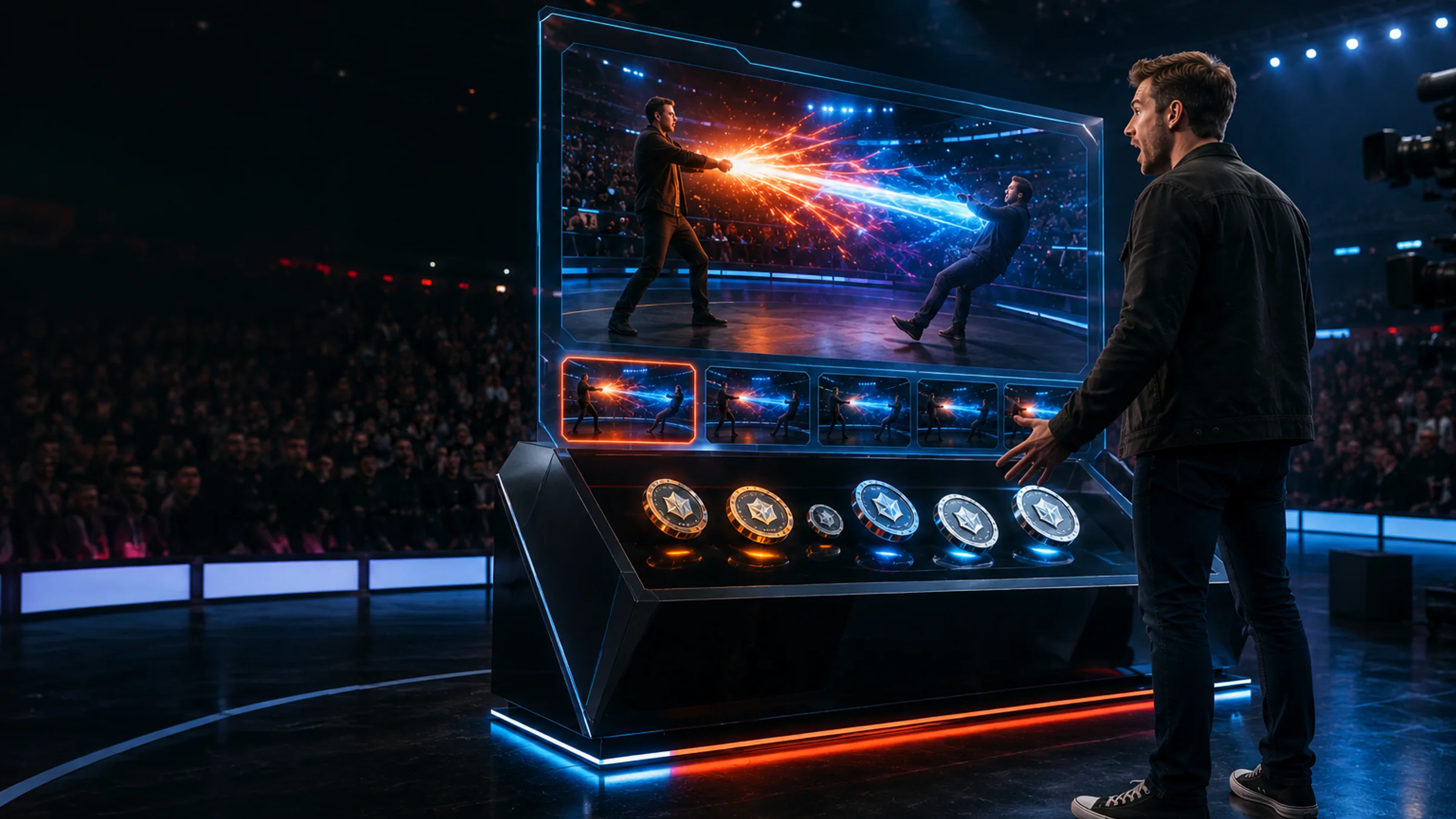 A man reviews battle clips and token options at a modern arena kiosk