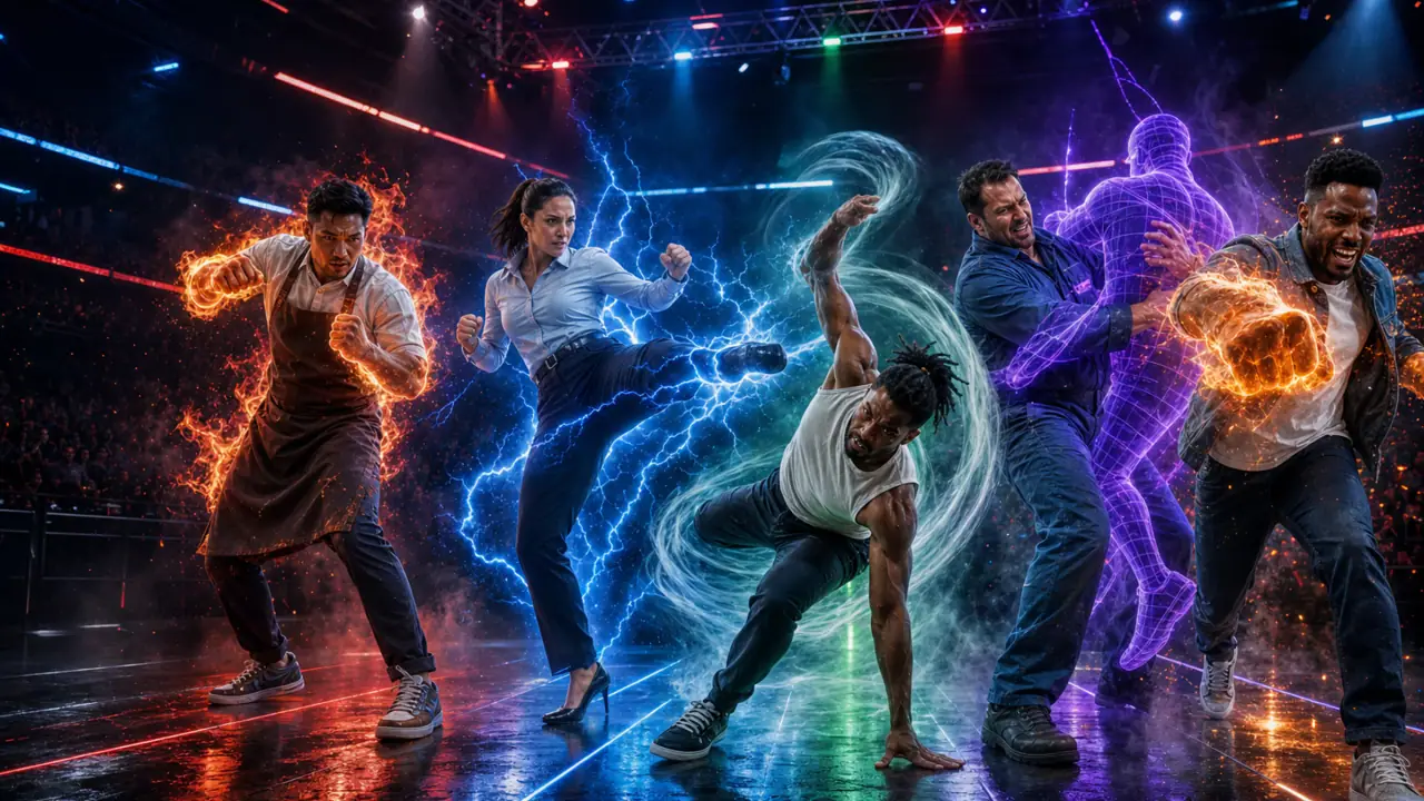 Five adults in aprons, office clothes, and workwear demonstrate different powered fighting styles in a televised arena