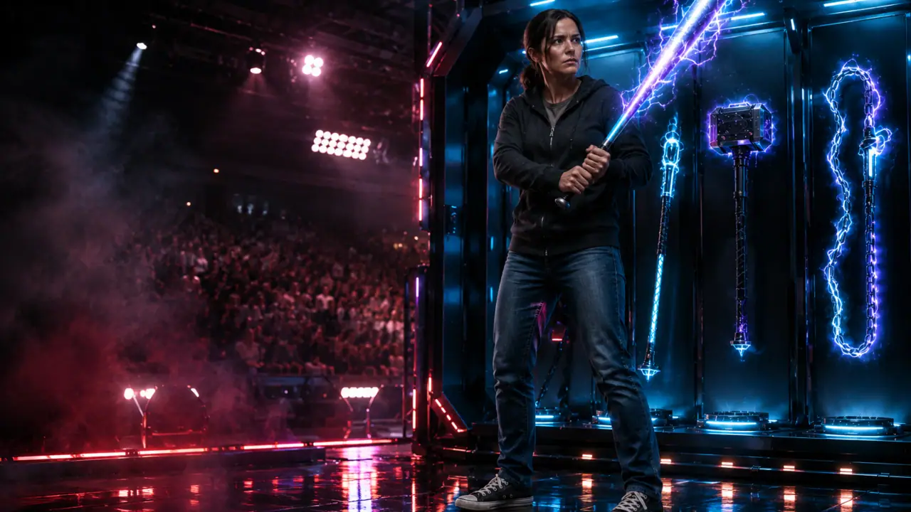A woman in a hoodie and jeans holds a glowing baseball bat beside a rack of powered battle tools in a televised arena