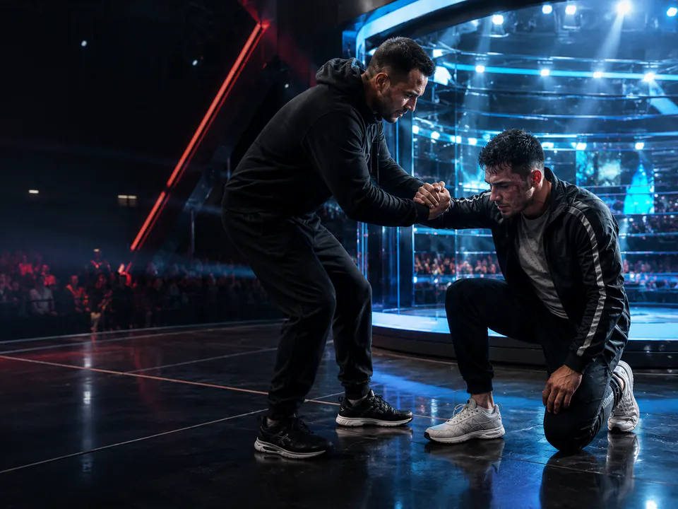 One man in a hoodie helps another adult in a tracksuit back to his feet beside an arena recovery pod