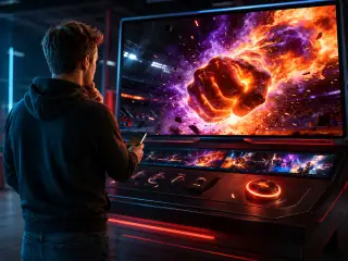 A man uses his phone while reviewing a fiery finishing move on a video console