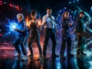 Five adults in everyday work and street clothes power up together in a televised arena