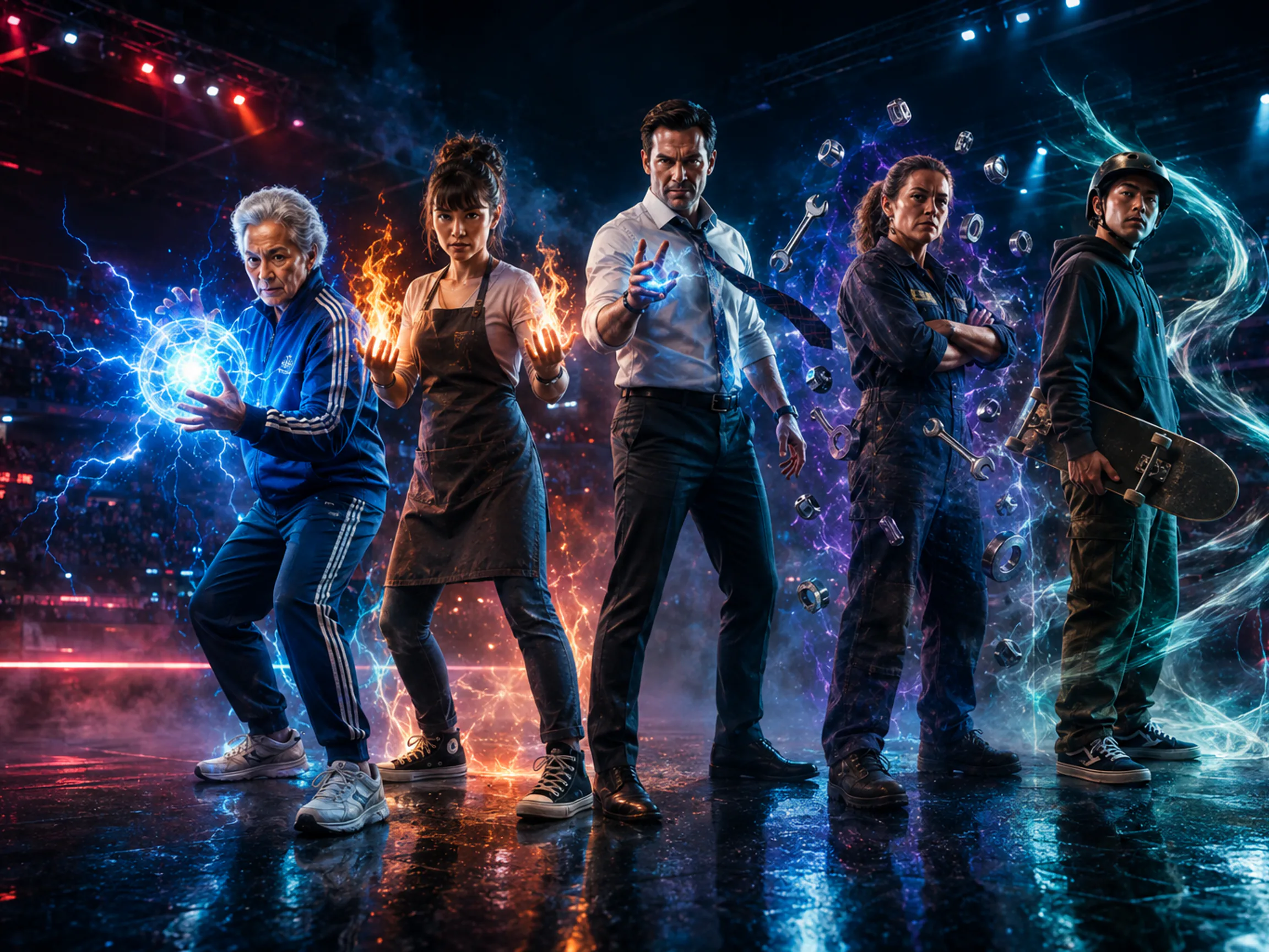 Five adults in everyday work and street clothes power up together in a televised arena
