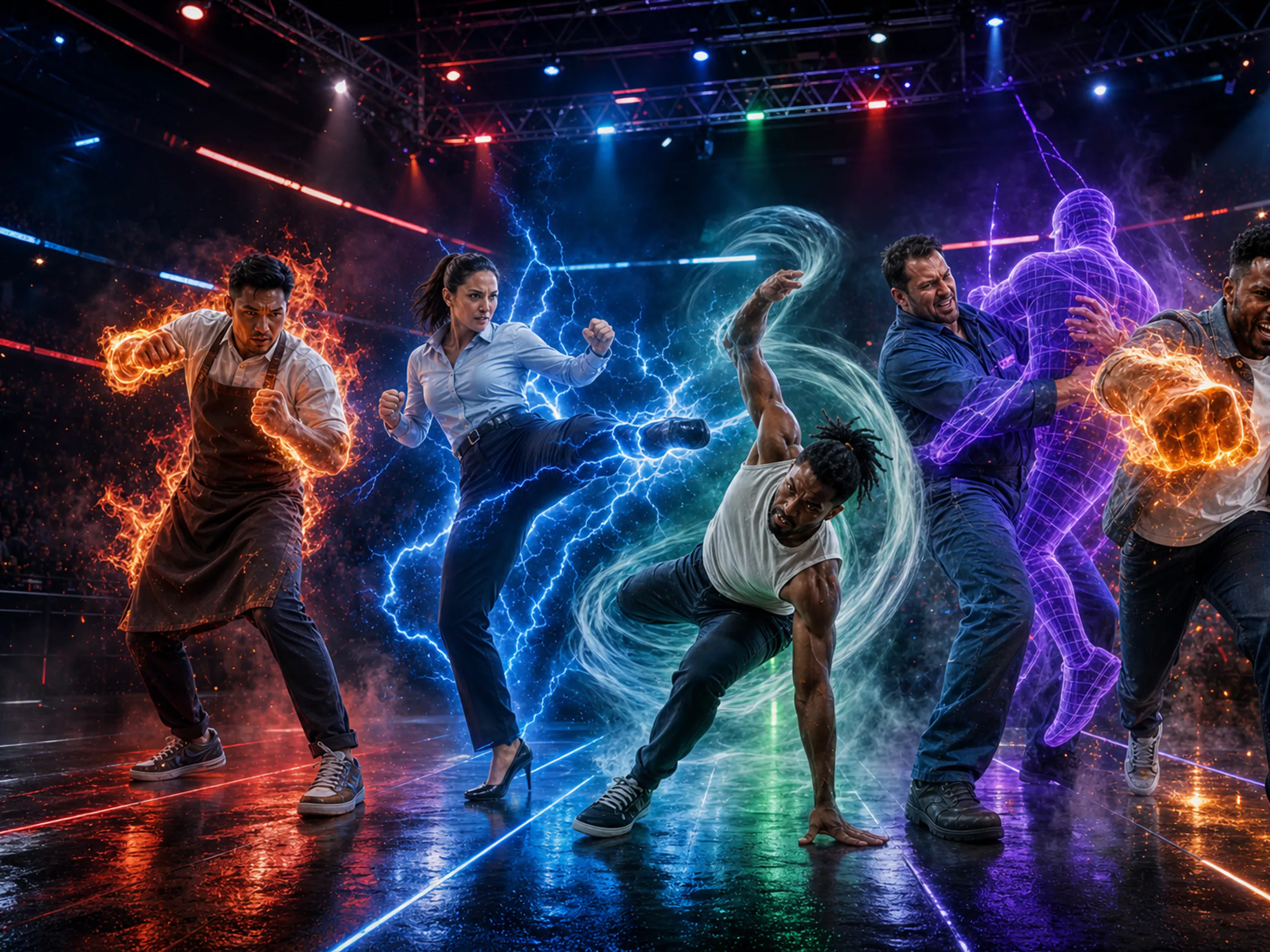 Five adults in aprons, office clothes, and workwear demonstrate different powered fighting styles in a televised arena