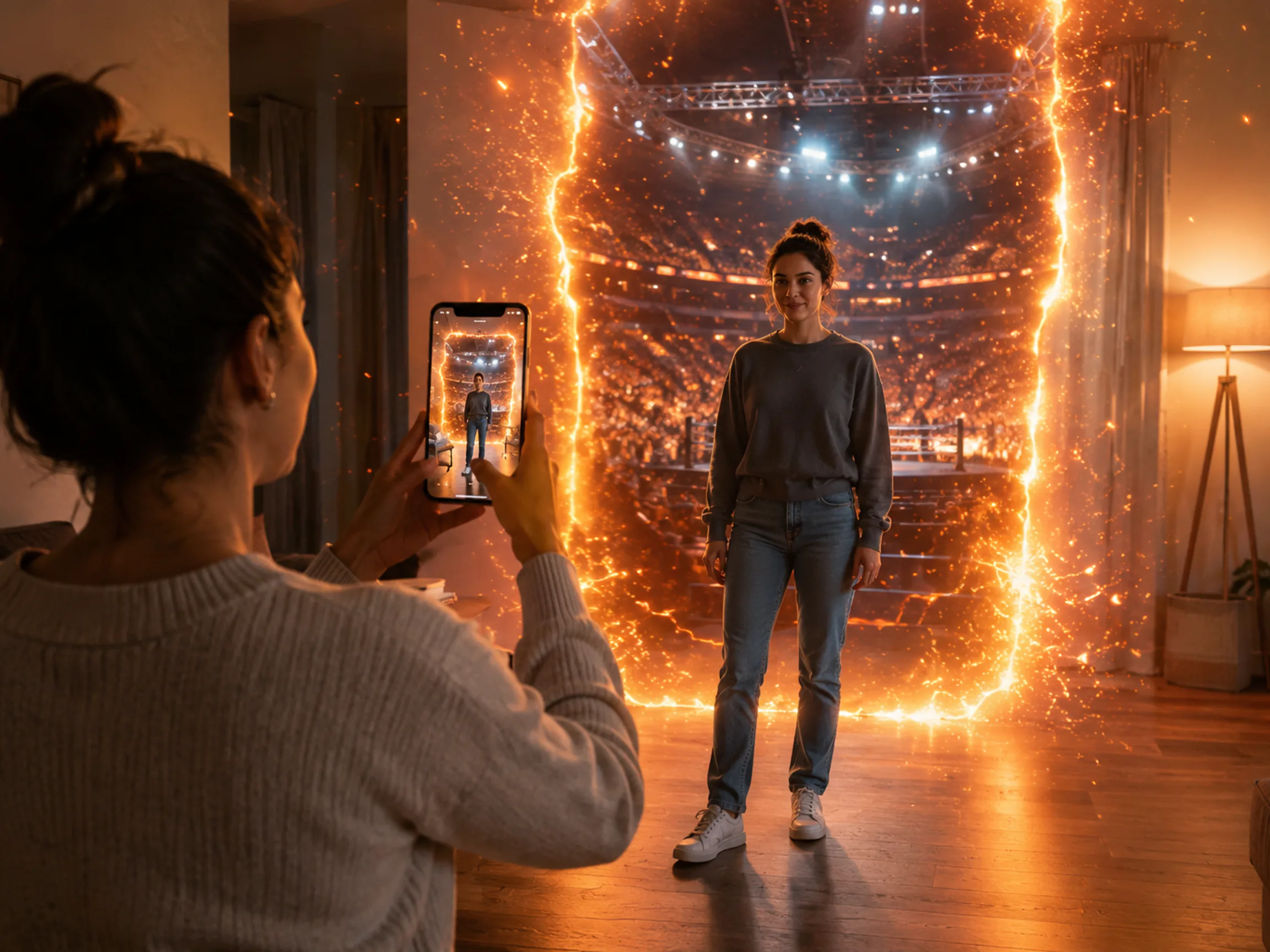 One woman takes a full-body phone photo of another adult as a televised arena appears behind her