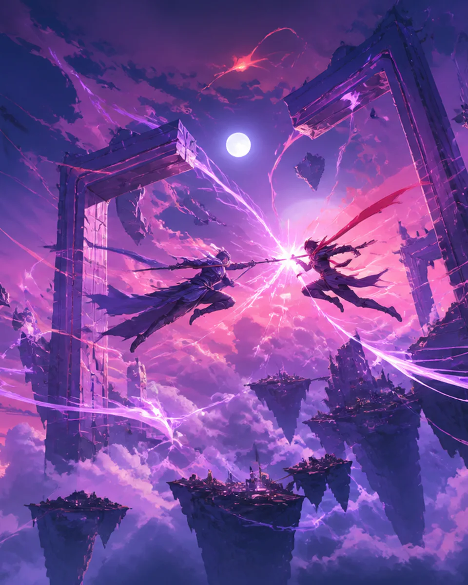 Two original airborne fighters collide between violet sky islands and luminous gates