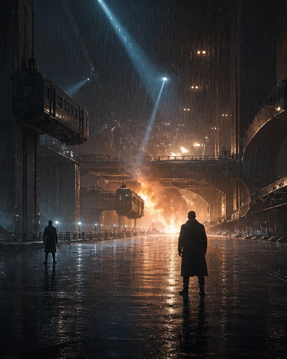 Two anonymous rivals stand in the rain on a vast industrial platform lit by a distant blaze