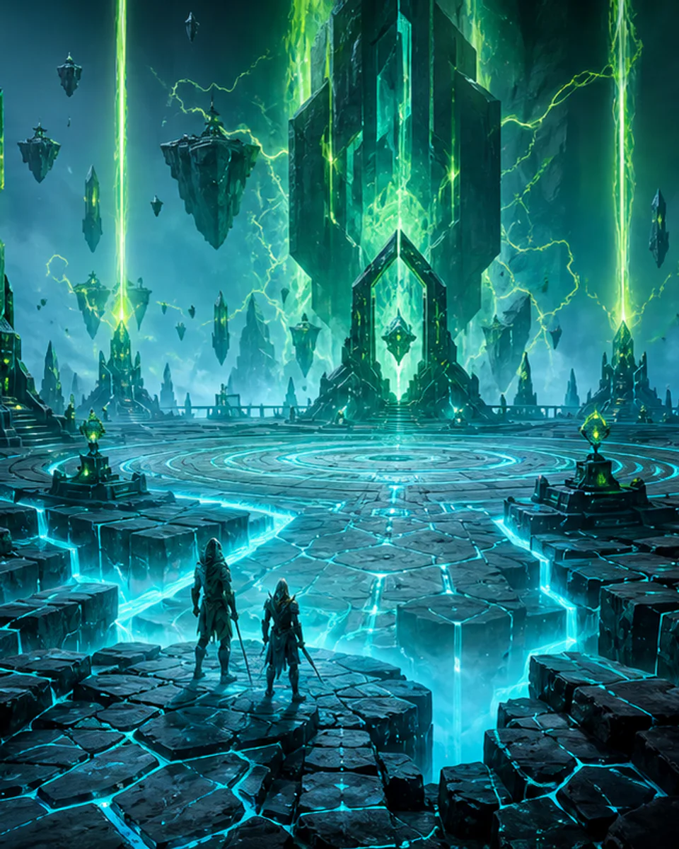 Two original champions approach a cyan and green circuit arena suspended above a volcanic canyon