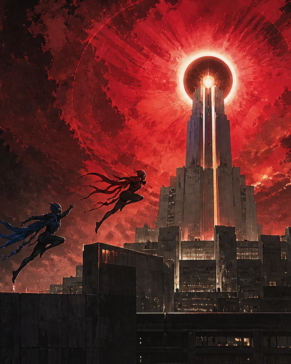 Two original masked guardians leap across a crimson-lit city toward a monumental beacon