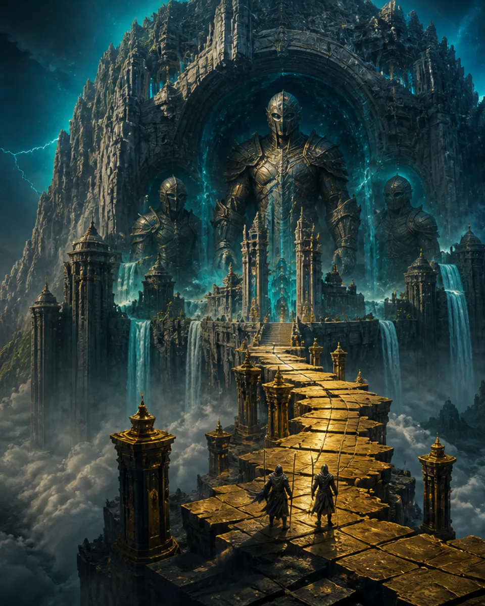 Two original travelers cross a golden causeway toward colossal bronze guardians in a storm temple
