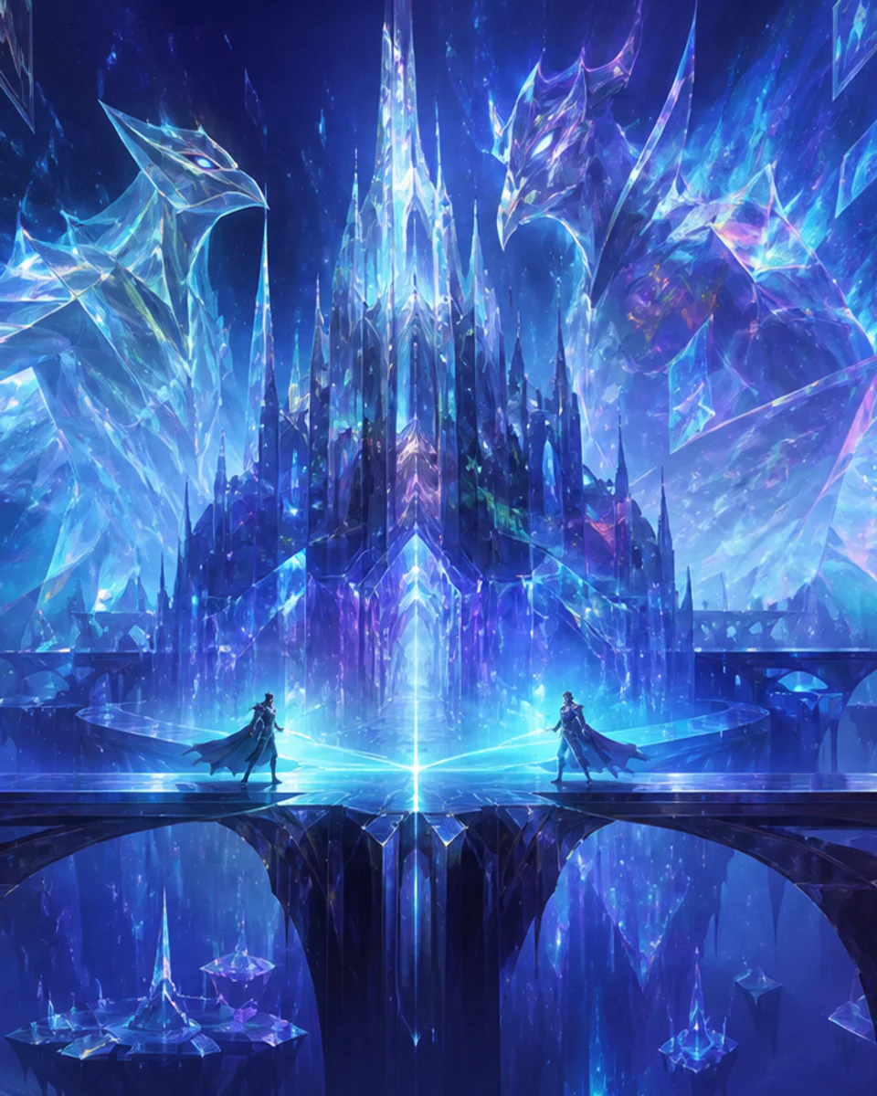 Two original duelists approach a prismatic crystal citadel floating in a deep blue nebula
