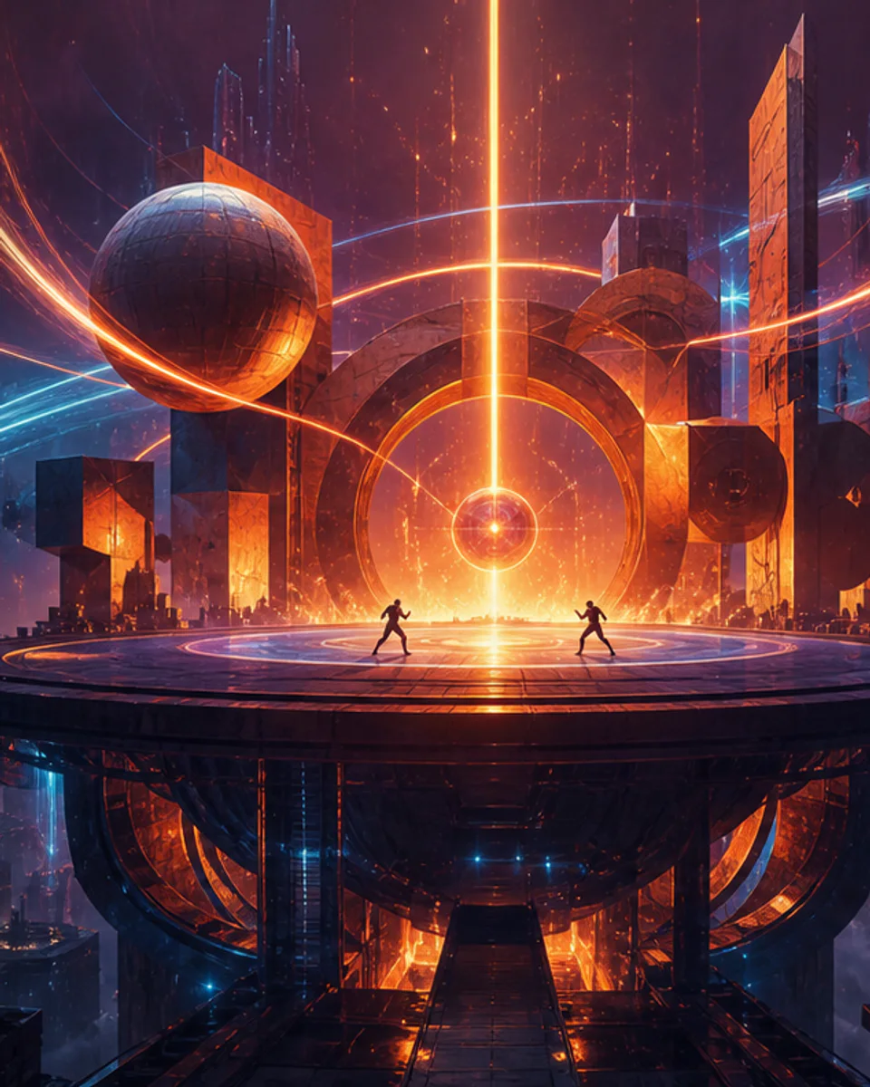 Two original fighters face off in a vast orange and cyan arena suspended above a futuristic city