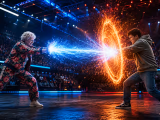 A grandmother in a floral tracksuit fires blue energy at a younger man who blocks it with orange energy in a televised arena