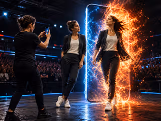 A phone photo transforms a woman in a blazer and sneakers into a powered-up arena version of herself