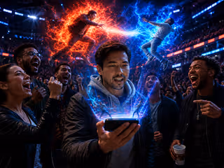 A group of friends reacts to a phone while two powered fighters appear overhead in a televised arena