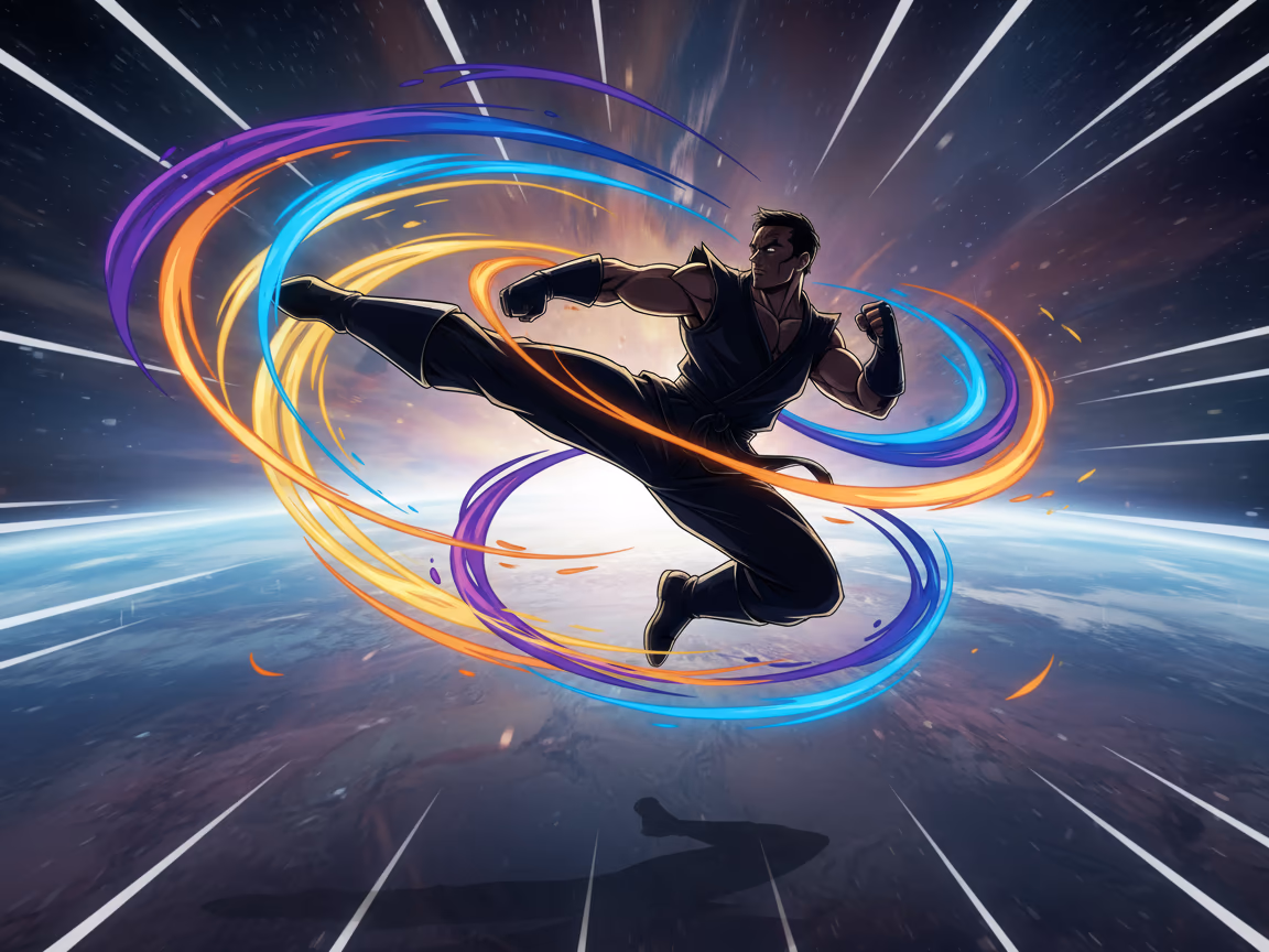 An original cinematic Anime Ascension fighter in motion