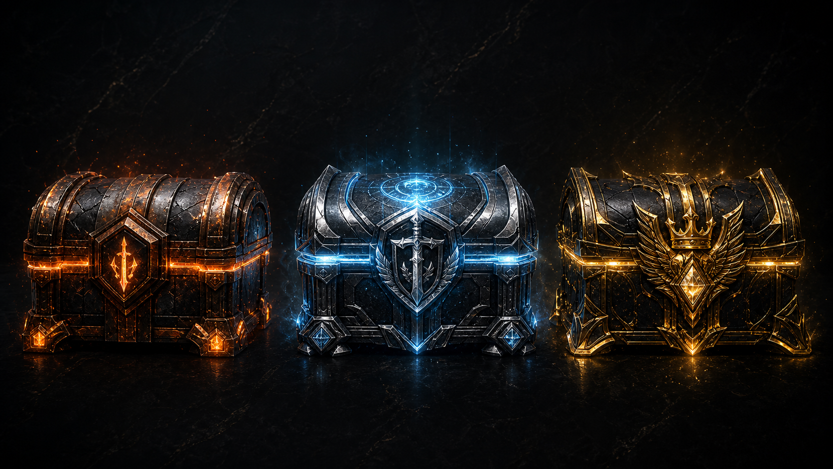 Three futuristic battle chests inside the VIDO vault.